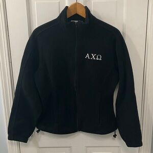 Alpha Chi Omega Sorority letters black full zip fleece coat size M front pockets